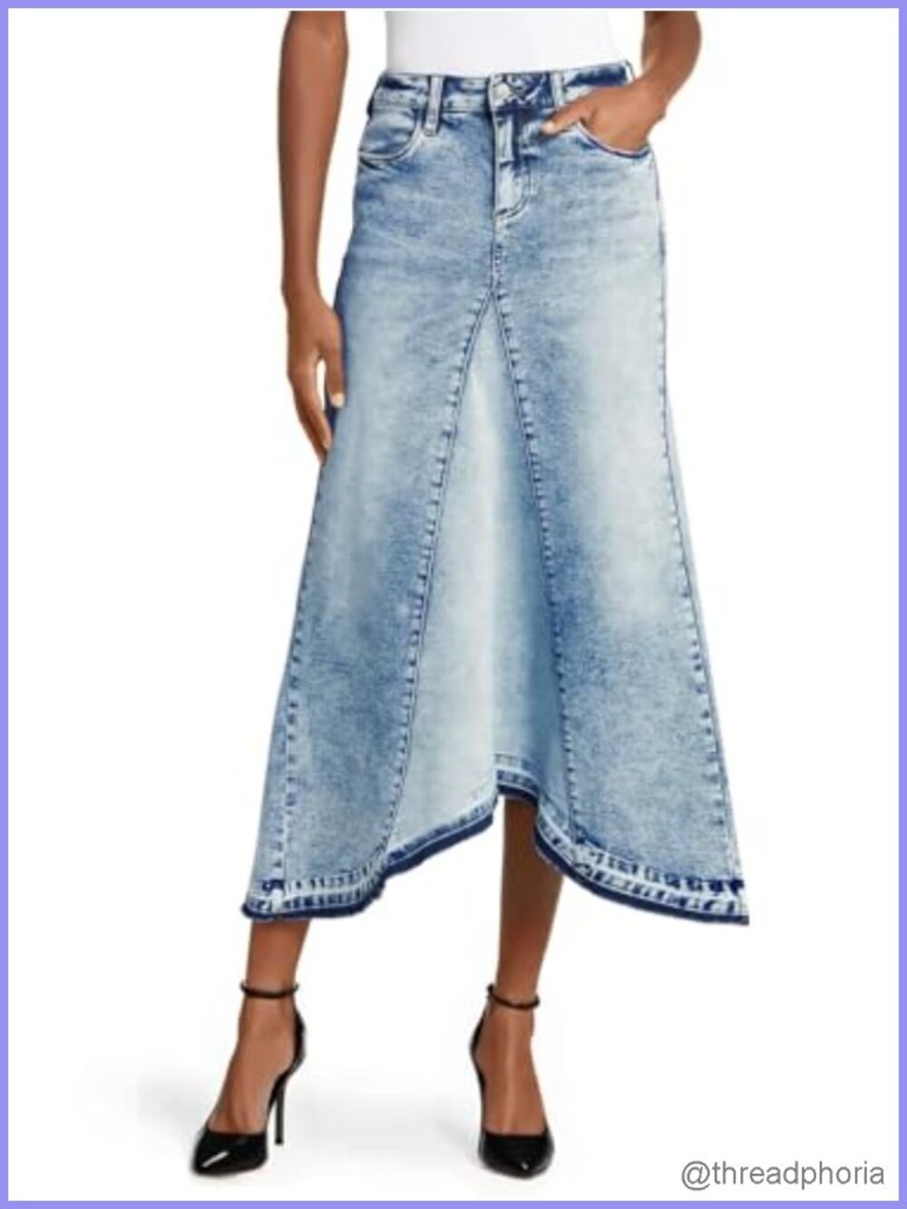 High Waist Denim Maxi Skirt A-Line Fringed Hem Asymmetric Jean Skirt